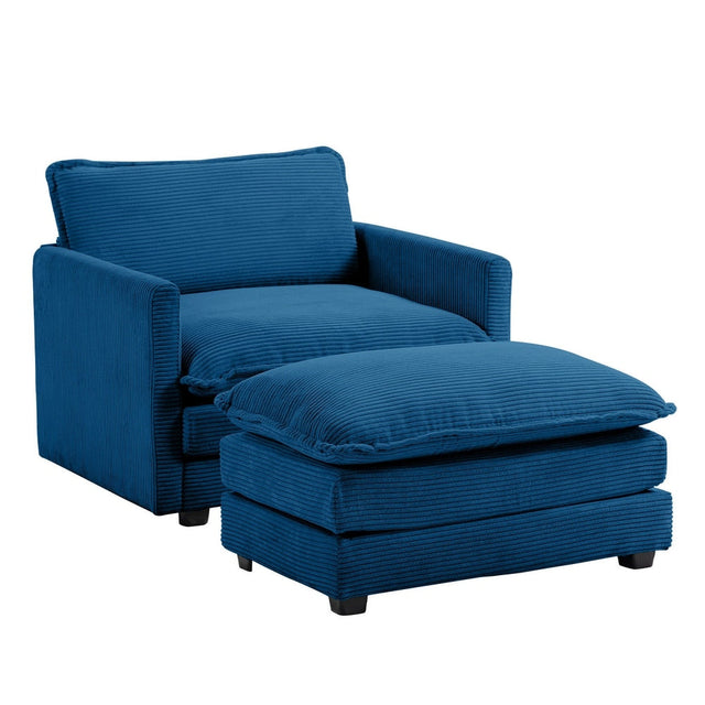 The Jearey Corduroy Sectional Sofa, in a soothing blue hue, includes an armchair with a cushioned backrest and armrests, paired with a rectangular ottoman. Both pieces boast a ribbed texture and rest on a plain white background.
