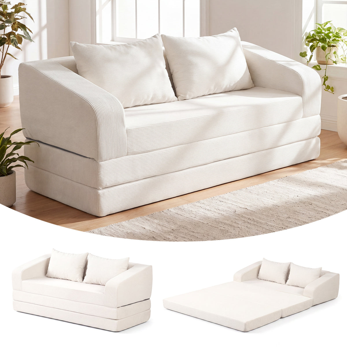 Corduroy Loveseat Sleeper Sofa with 2 Back Cushions for Living Room Bedroom Apartment-Beige