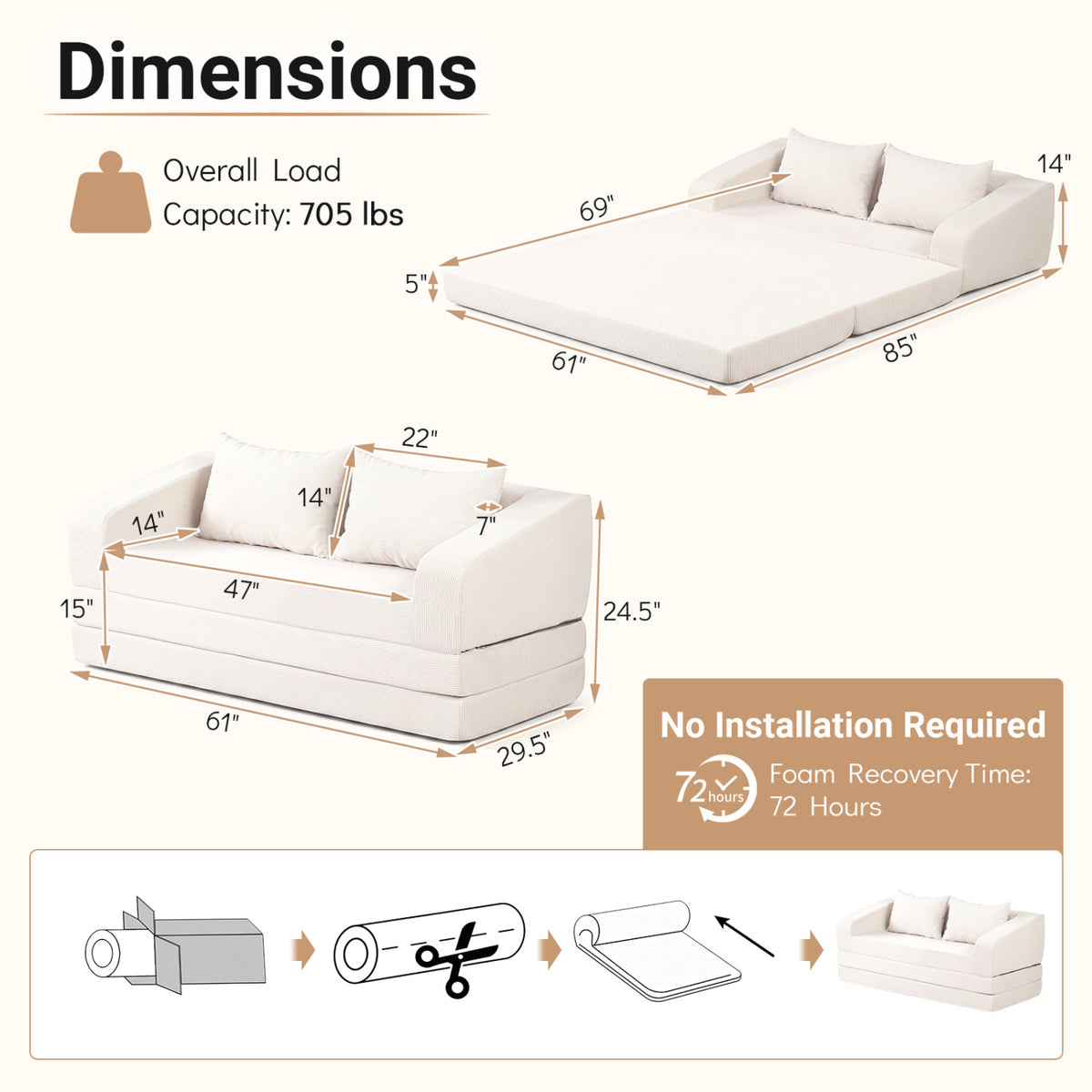 Corduroy Loveseat Sleeper Sofa with 2 Back Cushions for Living Room Bedroom Apartment-Beige