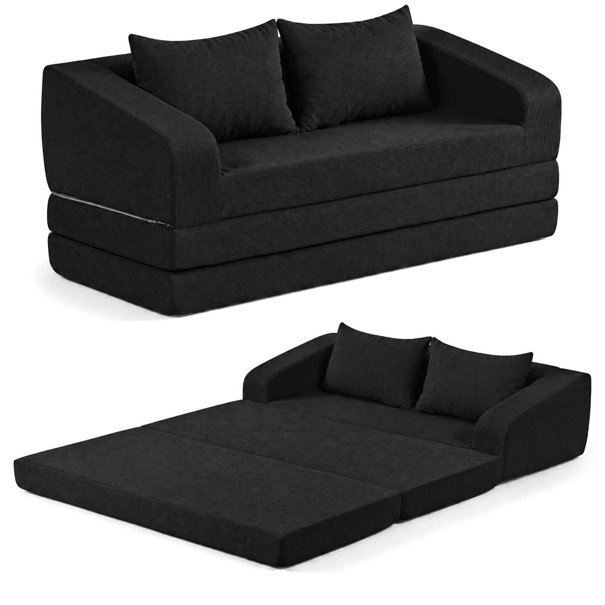 Corduroy Loveseat Sleeper Sofa with 2 Back Cushions for Living Room Bedroom Apartment-Black