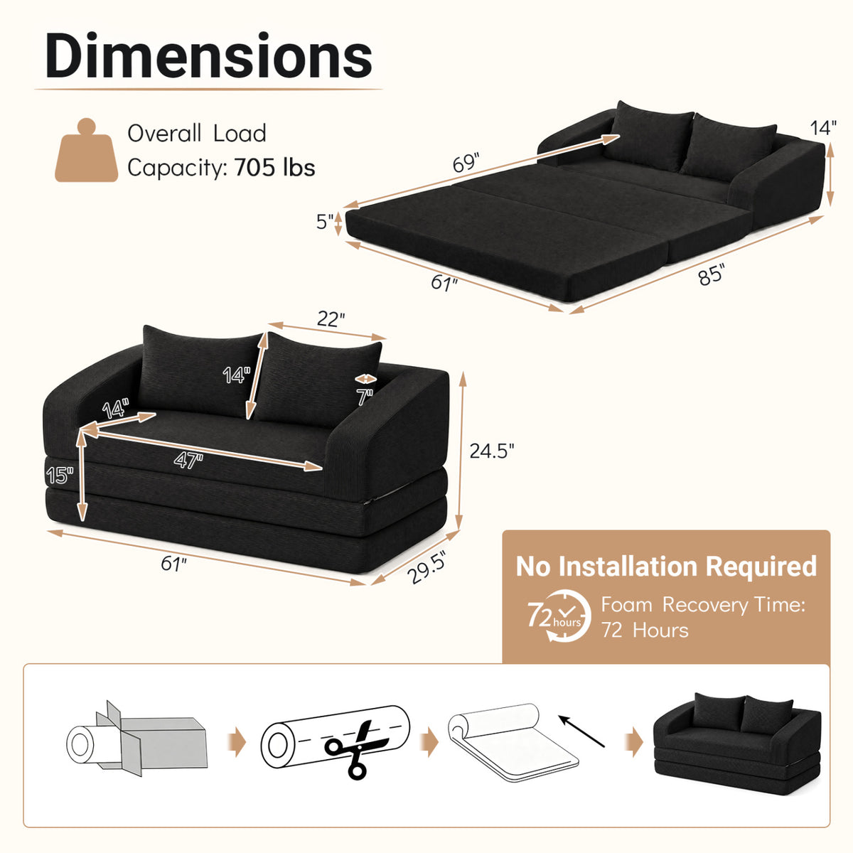 Corduroy Loveseat Sleeper Sofa with 2 Back Cushions for Living Room Bedroom Apartment-Black