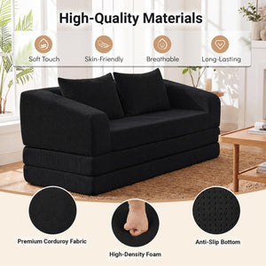 Corduroy Loveseat Sleeper Sofa with 2 Back Cushions for Living Room Bedroom Apartment-Black