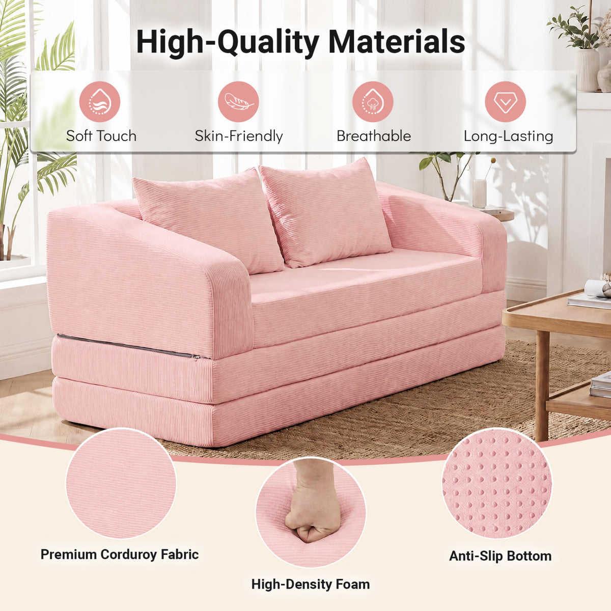 Corduroy Loveseat Sleeper Sofa with 2 Back Cushions for Living Room Bedroom Apartment-Pink