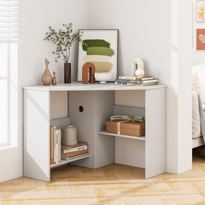 Corner Computer Desk Triangle Writing Workstation with Storage Shelf-White