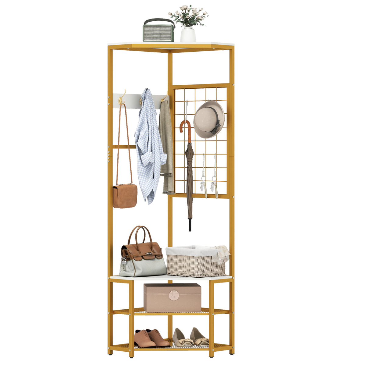 Corner Hall Tree Freestanding Coat Rack with Storage Shelves Removable Hooks-White