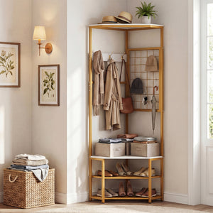 Corner Hall Tree Freestanding Coat Rack with Storage Shelves Removable Hooks-White