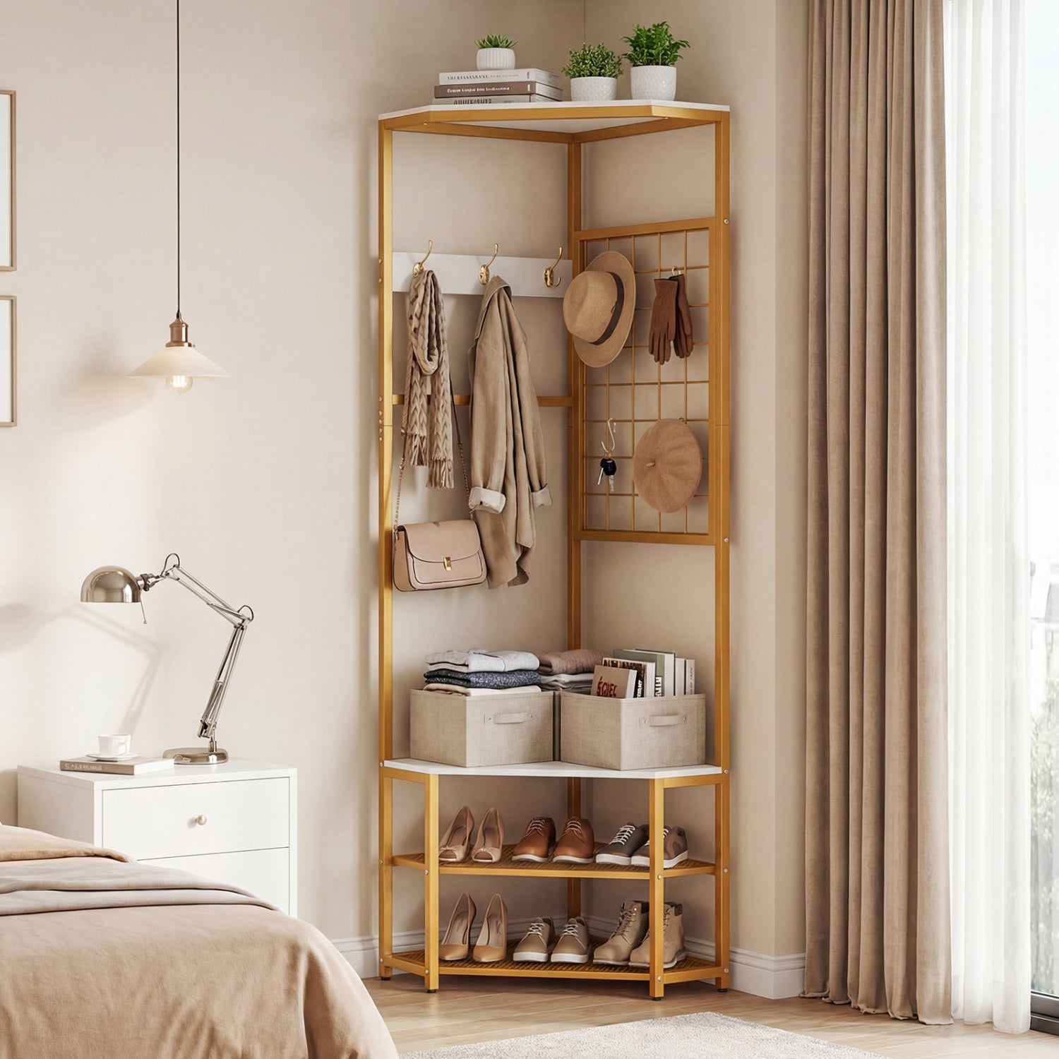 Corner Hall Tree Freestanding Coat Rack with Storage Shelves Removable Hooks-White