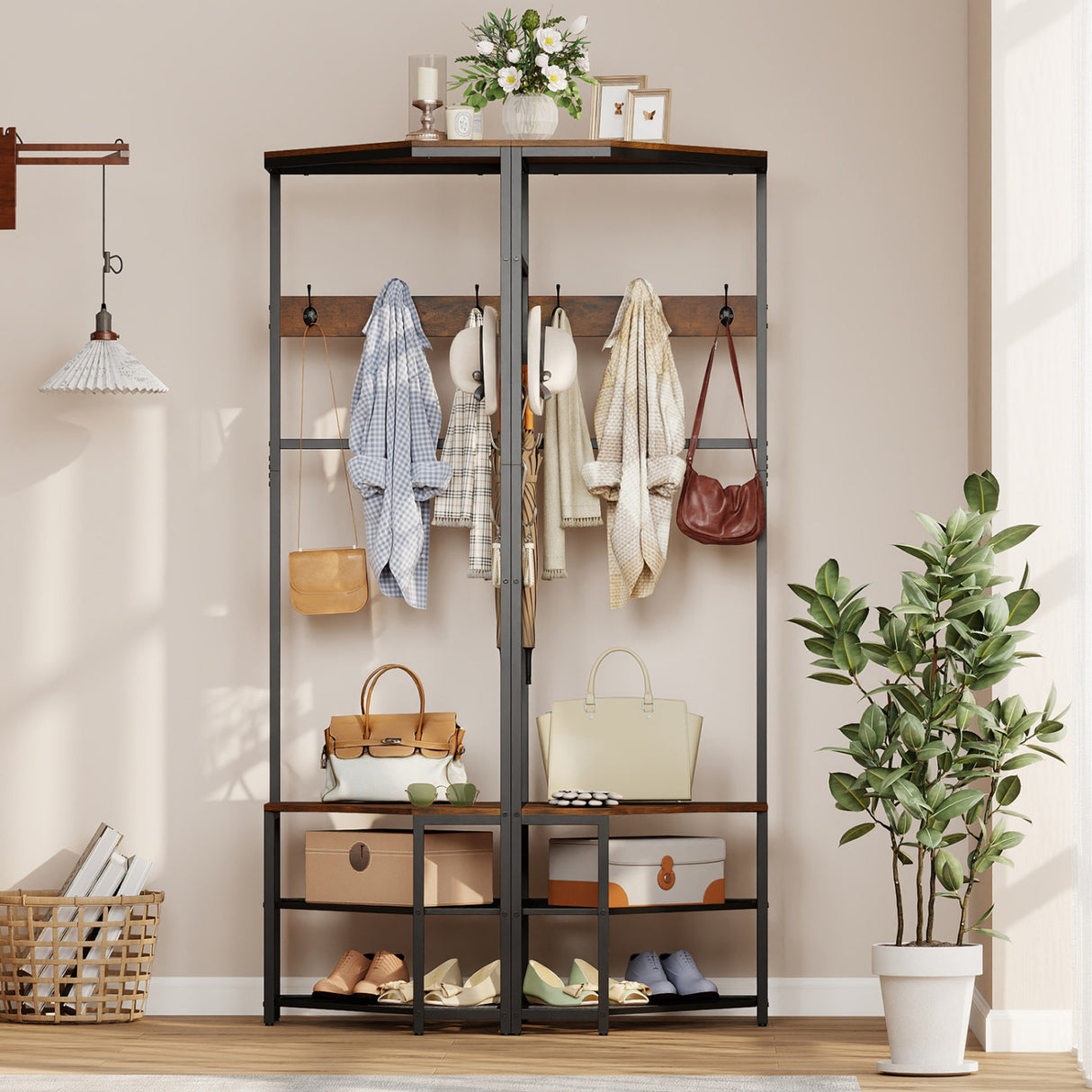 Corner Hall Tree Freestanding Coat Rack with Storage Shelves Removable Hooks-Brown
