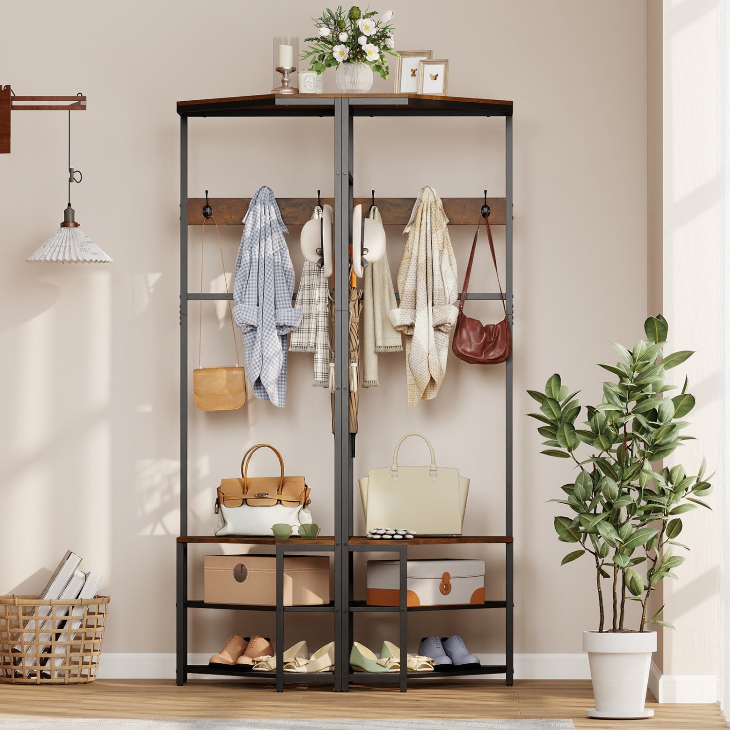 Corner Hall Tree Freestanding Coat Rack with Storage Shelves Removable Hooks-Brown