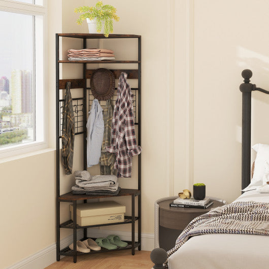5-Tier Corner Hall Tree with Shoe Storage Bench-Rustic Brown