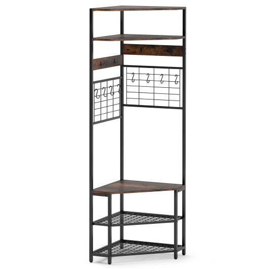 5-Tier Corner Hall Tree with Shoe Storage Bench-Rustic Brown