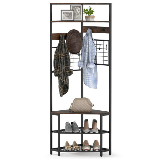 5-Tier Corner Hall Tree with Shoe Storage Bench-Rustic Brown