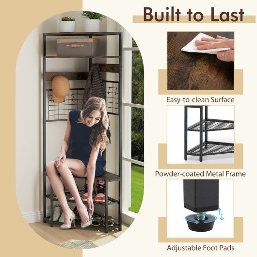 5-Tier Corner Hall Tree with Shoe Storage Bench-Rustic Brown