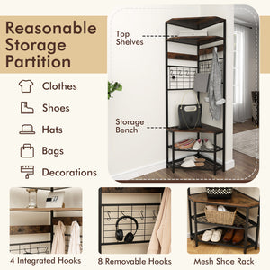 5-Tier Corner Hall Tree with Shoe Storage Bench-Rustic Brown