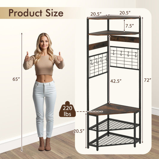 5-Tier Corner Hall Tree with Shoe Storage Bench-Rustic Brown