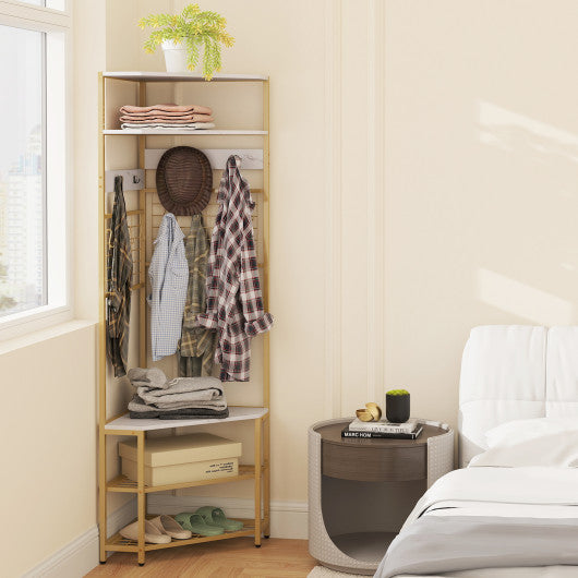 5-Tier Corner Hall Tree with Shoe Storage Bench-White