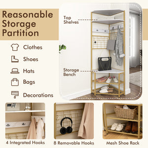5-Tier Corner Hall Tree with Shoe Storage Bench-White