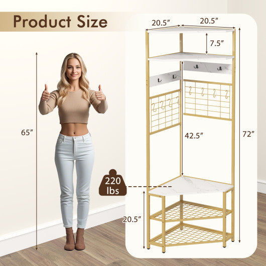 5-Tier Corner Hall Tree with Shoe Storage Bench-White