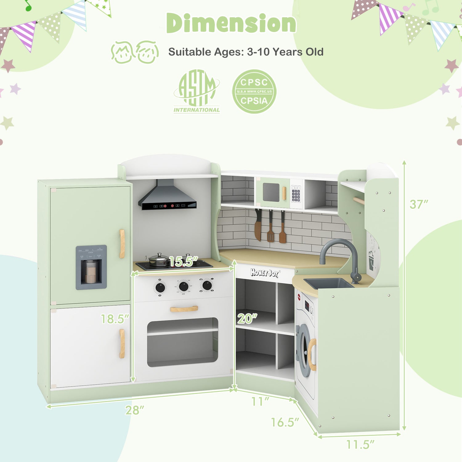 Corner Kids Play Kitchen with Washing Machine and Ice Maker Gift for Boys Girls-Green
