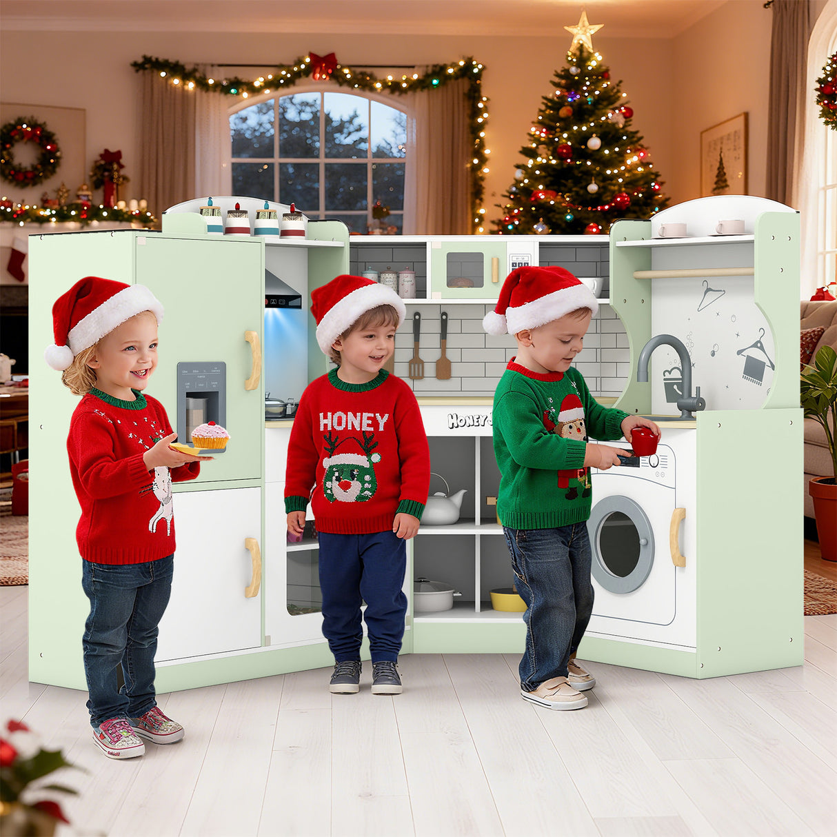 Corner Kids Play Kitchen with Washing Machine and Ice Maker Gift for Boys Girls-Green