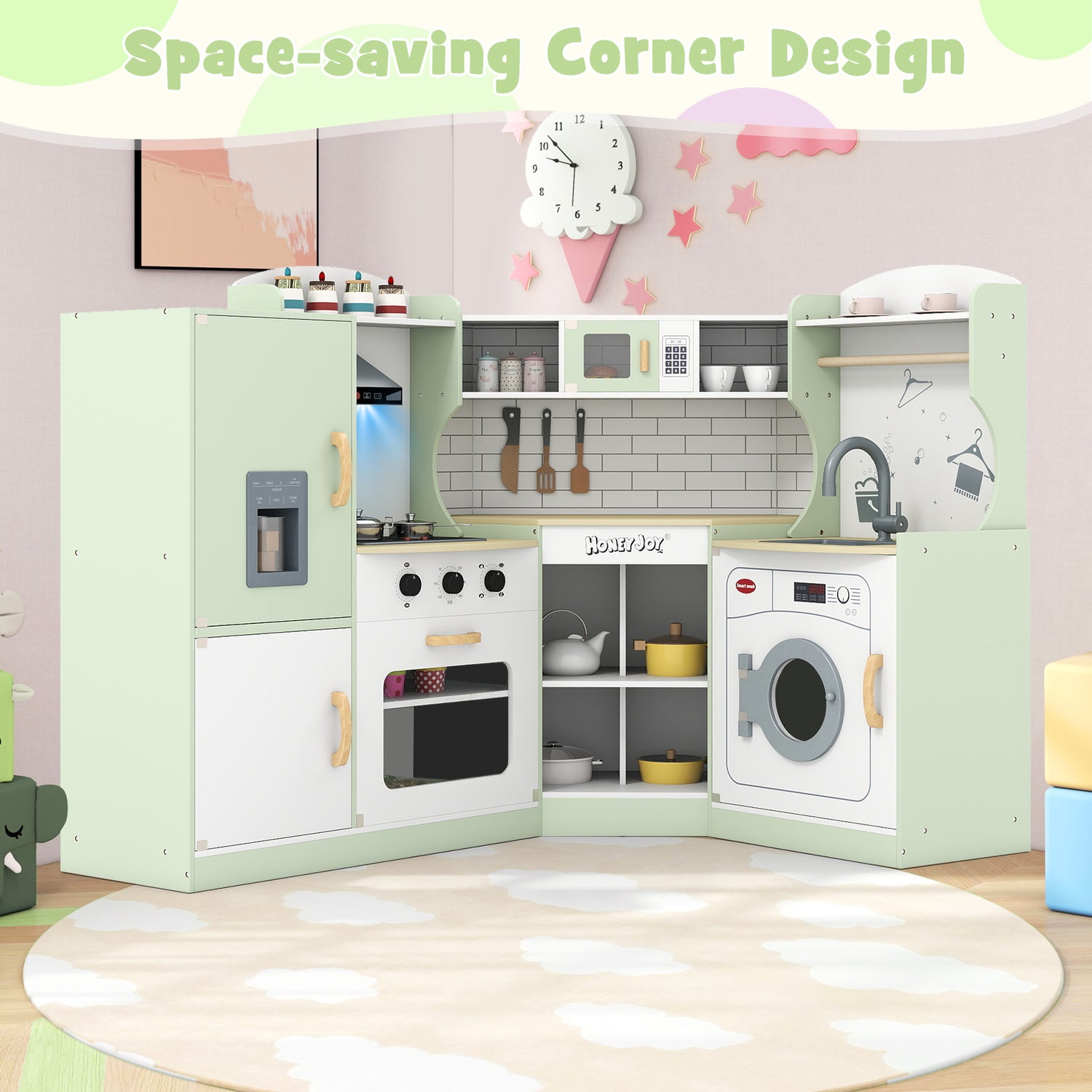 Corner Kids Play Kitchen with Washing Machine and Ice Maker Gift for Boys Girls-Green