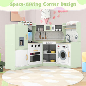 Corner Kids Play Kitchen with Washing Machine and Ice Maker Gift for Boys Girls-Green