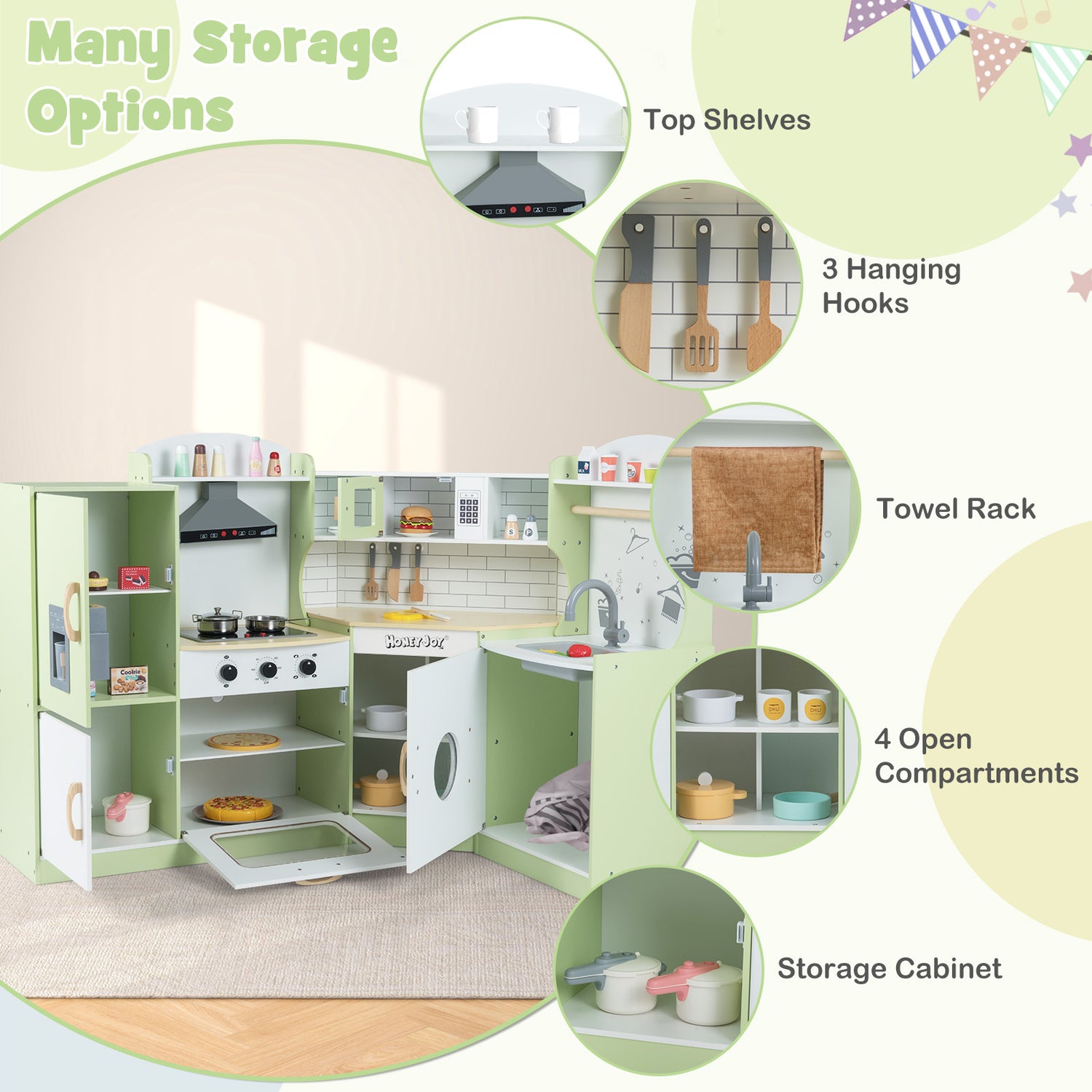 Corner Kids Play Kitchen with Washing Machine and Ice Maker Gift for Boys Girls-Green