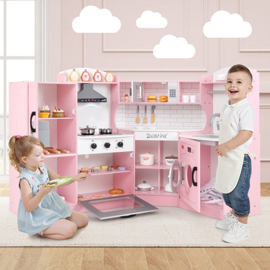 Corner Kids Play Kitchen with Washing Machine and Ice Maker Gift for Boys Girls-Pink