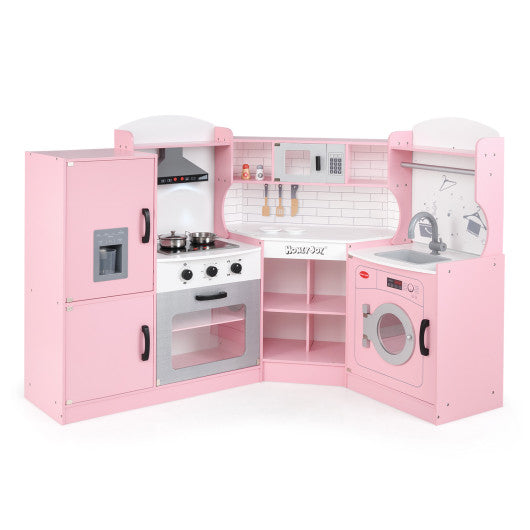 Corner Kids Play Kitchen with Washing Machine and Ice Maker Gift for Boys Girls-Pink