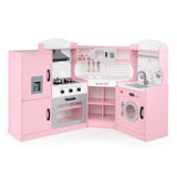 Corner Kids Play Kitchen with Washing Machine and Ice Maker Gift for Boys Girls-Pink