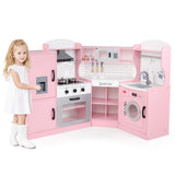Corner Kids Play Kitchen with Washing Machine and Ice Maker Gift for Boys Girls-Pink