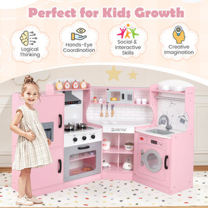 Corner Kids Play Kitchen with Washing Machine and Ice Maker Gift for Boys Girls-Pink