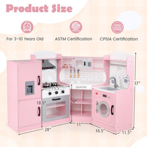 Corner Kids Play Kitchen with Washing Machine and Ice Maker Gift for Boys Girls-Pink
