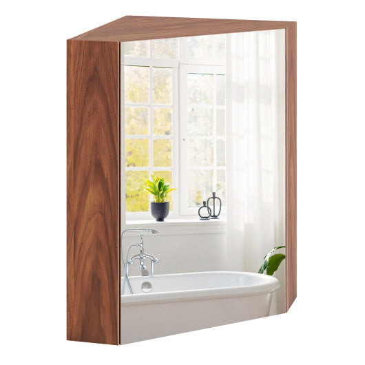 Corner Medicine Cabinet with Mirror with Open Mirror Door and Adjustable Shelf-Brown