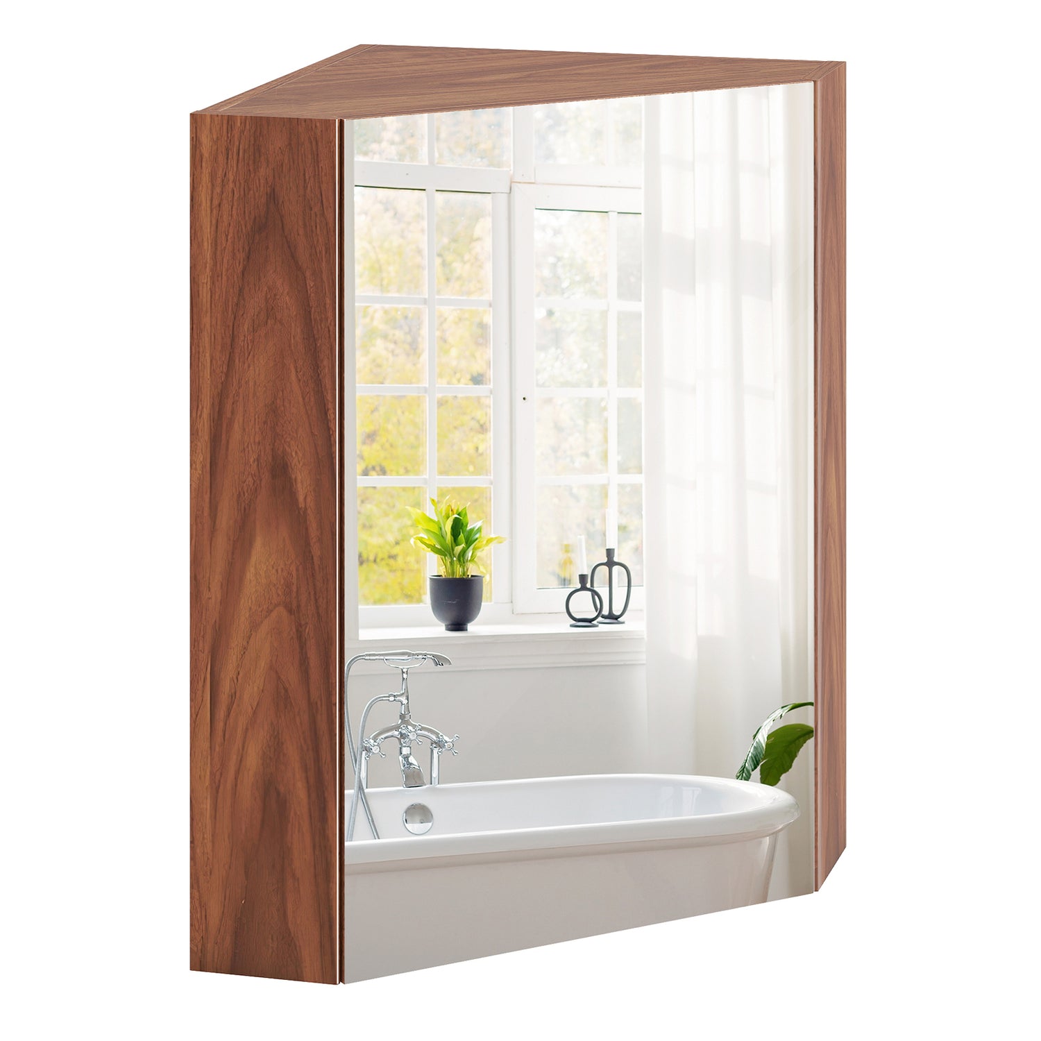 Corner Medicine Cabinet with Mirror with Open Mirror Door and Adjustable Shelf-Brown