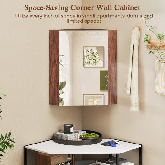 Corner Medicine Cabinet with Mirror with Open Mirror Door and Adjustable Shelf-Brown