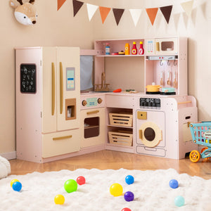 Corner Play Kitchen with Lights and Sounds for Ages 3+-Pink