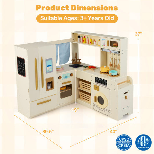 Corner Play Kitchen with Lights and Sounds for Ages 3+-Beige