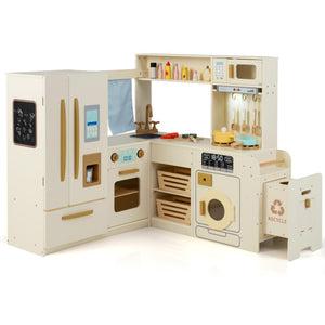 Corner Play Kitchen with Lights and Sounds for Ages 3+-Beige