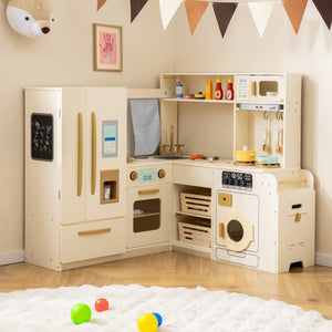 Corner Play Kitchen with Lights and Sounds for Ages 3+-Beige