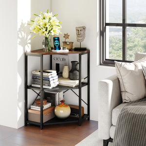 Corner Printer Stand with Power Outlet 3-Tier Storage Rack with Adjustable Shelf-Brown