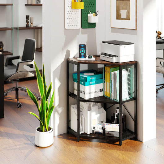 Corner Printer Stand with Power Outlet 3-Tier Storage Rack with Adjustable Shelf-Brown