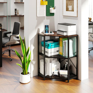Corner Printer Stand with Power Outlet 3-Tier Storage Rack with Adjustable Shelf-Brown