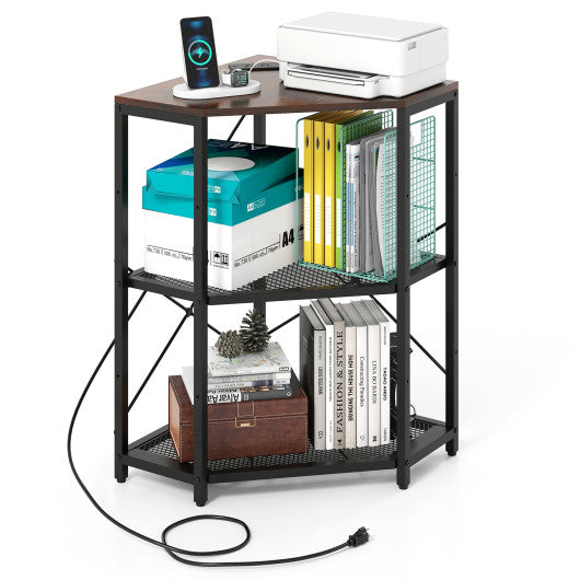 Corner Printer Stand with Power Outlet 3-Tier Storage Rack with Adjustable Shelf-Brown
