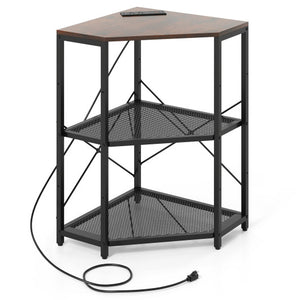 Corner Printer Stand with Power Outlet 3-Tier Storage Rack with Adjustable Shelf-Brown