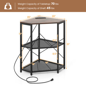 Corner Printer Stand with Power Outlet 3-Tier Storage Rack with Adjustable Shelf-Brown
