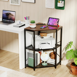 Corner Printer Stand with Power Outlet 3-Tier Storage Rack with Adjustable Shelf-Brown