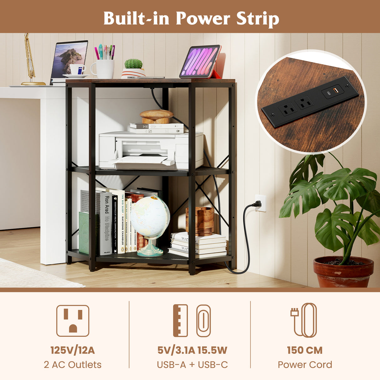Corner Printer Stand with Power Outlet 3-Tier Storage Rack with Adjustable Shelf-Brown