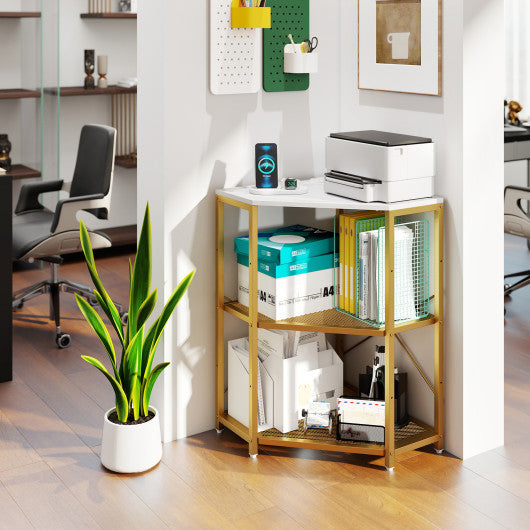 Corner Printer Stand with Power Outlet 3-Tier Storage Rack with Adjustable Shelf-White