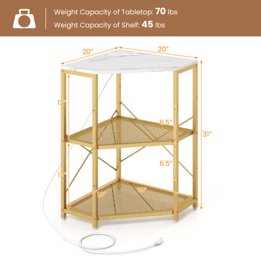 Corner Printer Stand with Power Outlet 3-Tier Storage Rack with Adjustable Shelf-White